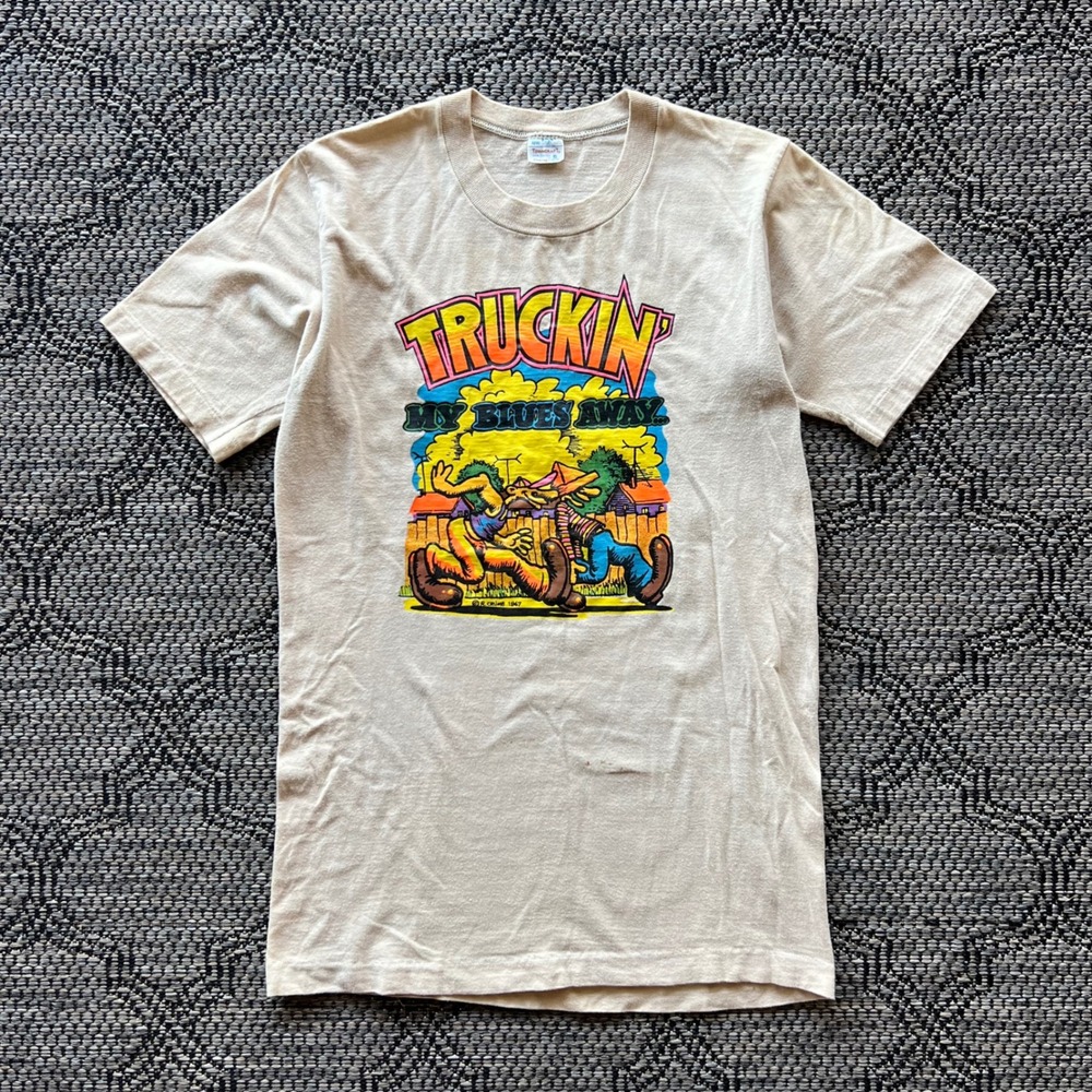 Vintage Robert Crumb T-Shirt Mens Small Tan Truckin My Blues Away JC Penney 70s